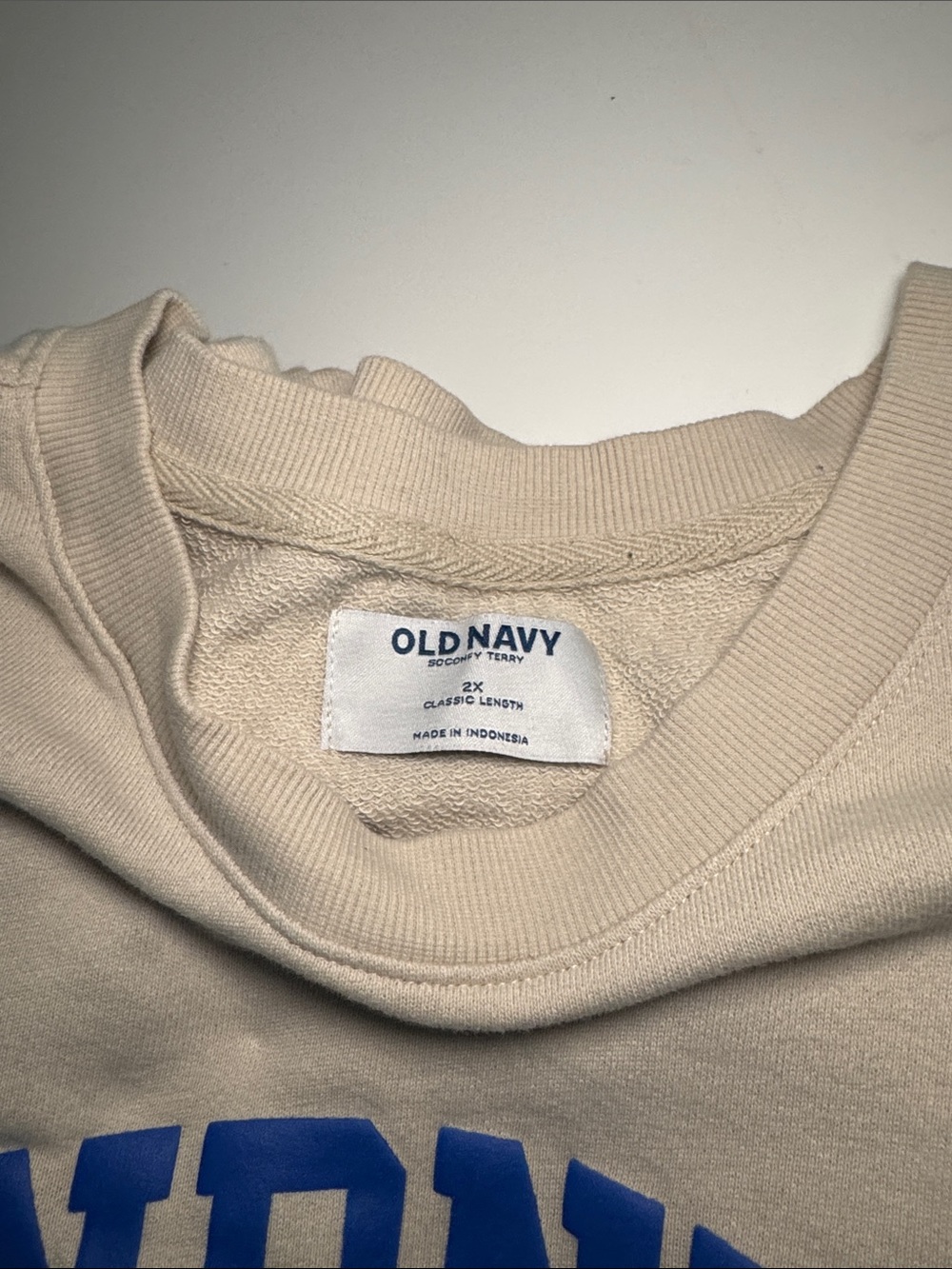 Old Navy Women’s  Beige "Kindness Crew" Sweatshirt & Shorts Set - Blue Logo - Picture 2 of 5